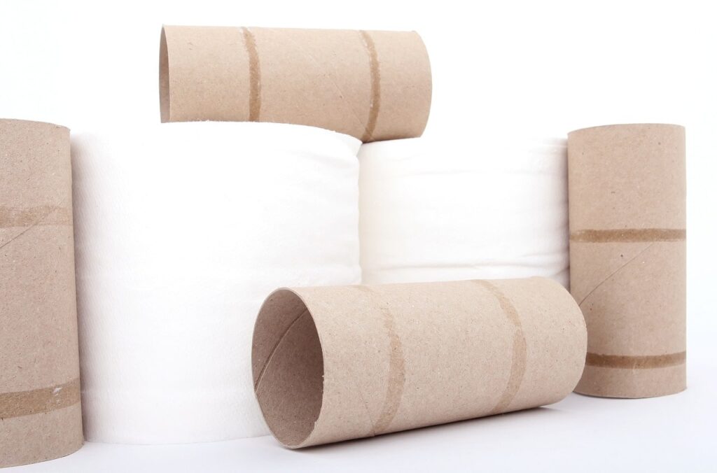 Rouleaux de papier de toilette recyclé sur fond blanc