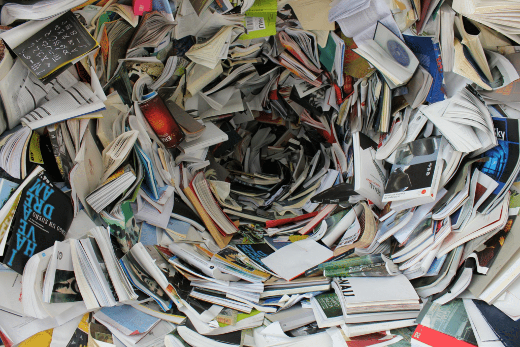 An assortment of recyclable papers and notebooks