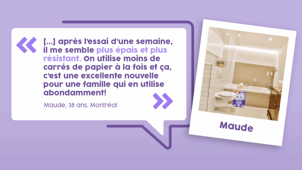Citation de Maude avec une image de salle de bain.